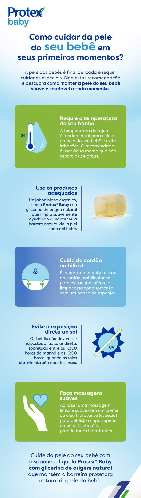 Infográfico sobre como cuidar da pele do bebe nos primeiros momentos 